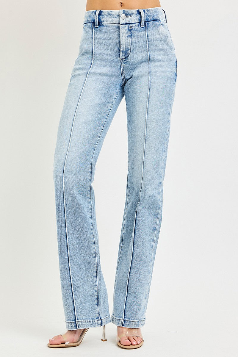 Light wash Risen Tummy Control high-rise straight jeans with pin tuck details from Trendsi, showing the fit and design.
