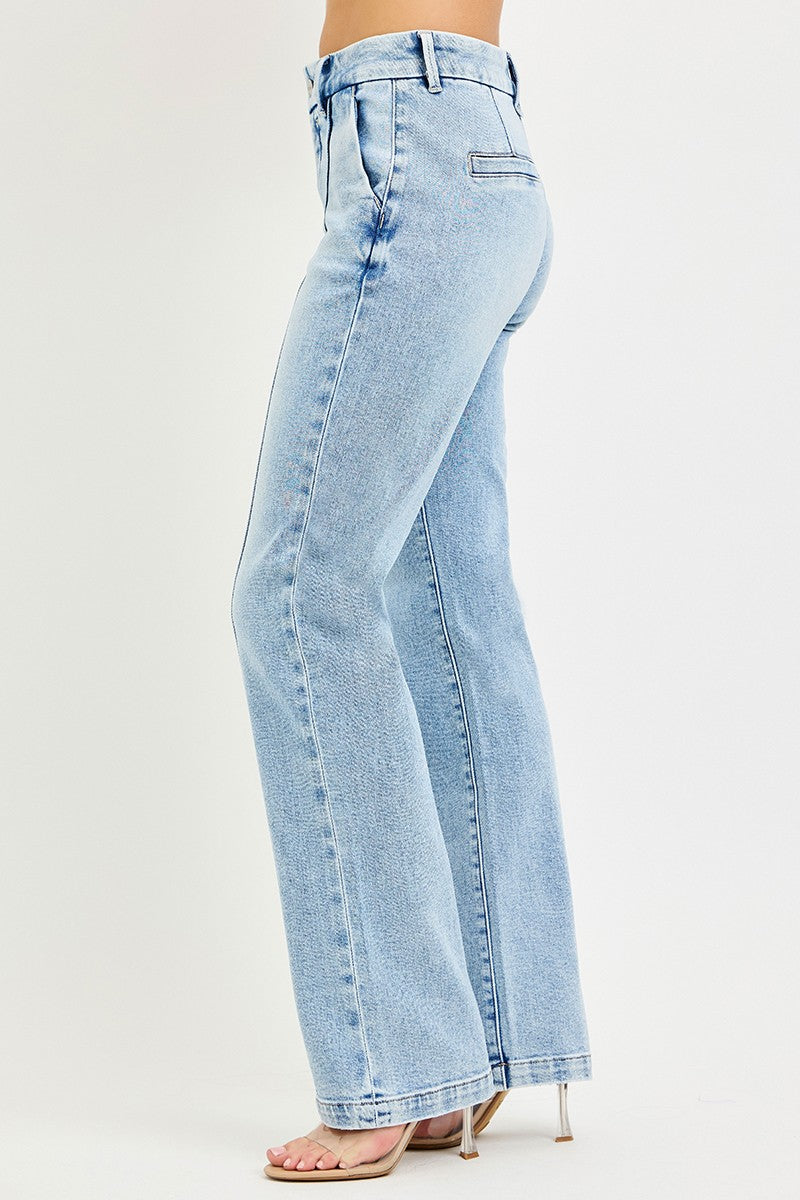 Light blue RISEN Tummy Control High Rise Straight Pin Tuck Jeans with front and back pockets, fitted silhouette, and classic denim look