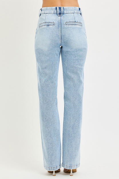 Light wash Risen Tummy Control high-rise straight jeans with pin tuck details from Trendsi, shown on a model.