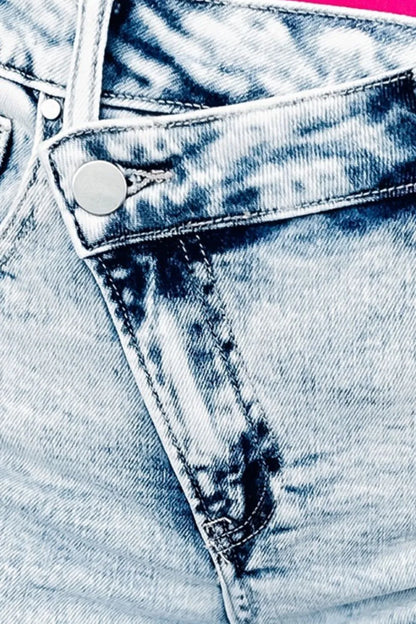 Light blue raw hem buttoned denim shorts with front and back pockets by Trendsi, casual summer denim shorts for women.