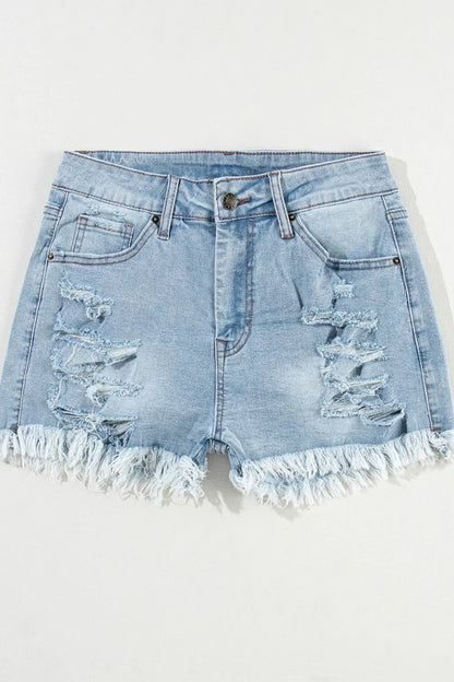 Light blue distressed raw hem high waist denim shorts from Trendsi, featuring a casual fit and frayed hem detail.