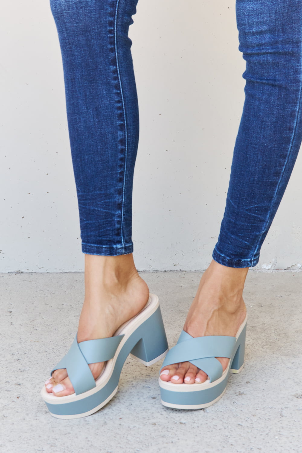 Light blue Weeboo Cherish The Moments contrast platform sandals with chunky sole and ankle straps, stylish and comfortable footwear.