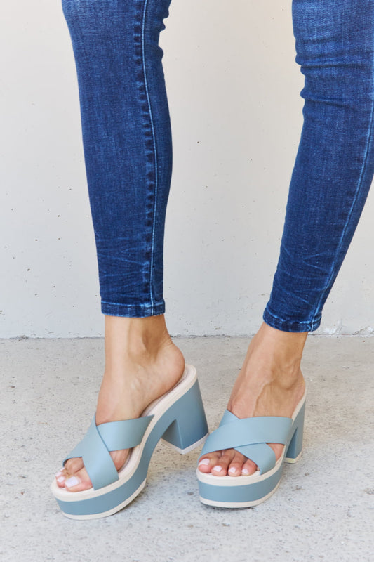 Light blue Weeboo Cherish The Moments contrast platform sandals with chunky sole and ankle straps, stylish and comfortable footwear.