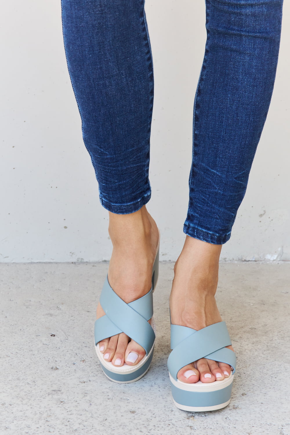 Light blue Weeboo Cherish The Moments contrast platform sandals by Trendsi, featuring chunky soles and stylish design.