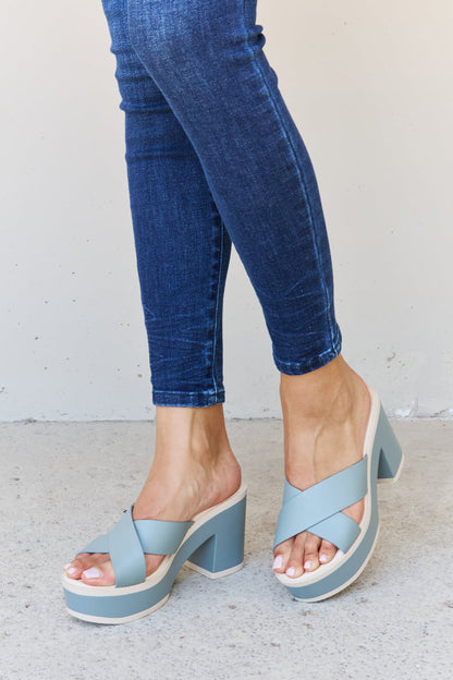 Light blue Weeboo Cherish The Moments contrast platform sandals by Trendsi featuring a chunky sole and open toe design.