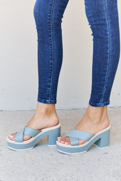 Light blue Weeboo Cherish The Moments contrast platform sandals with chunky heel and open toe, stylish for casual wear.