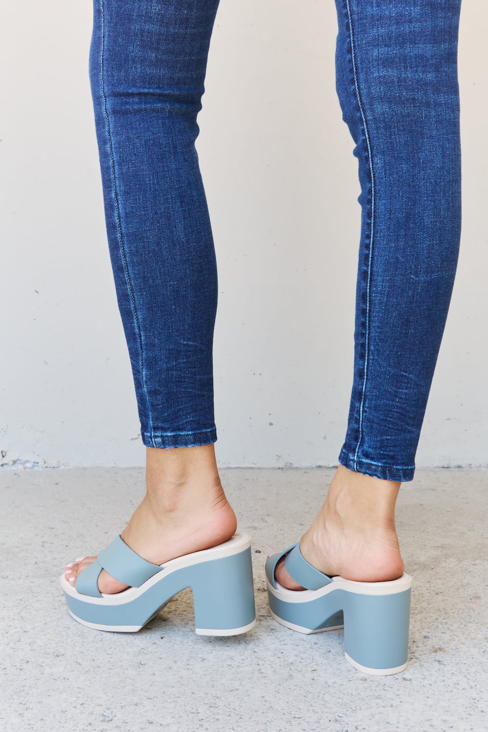 Weeboo Cherish The Moments contrast platform sandals in Misty Blue with light blue straps and chunky sole by Trendsi