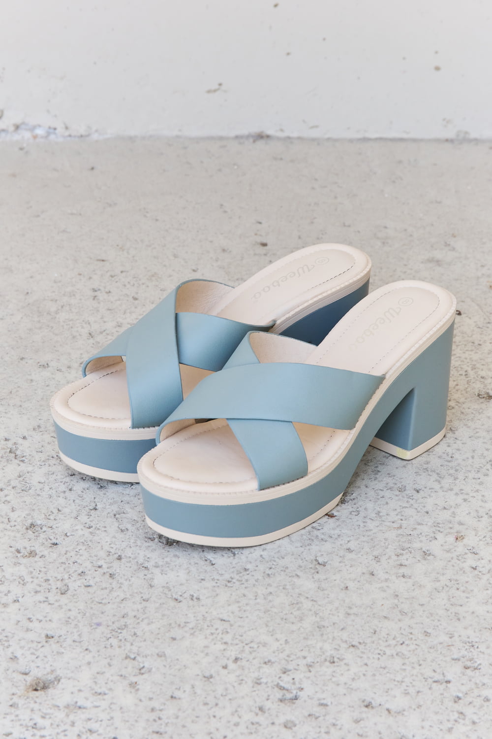 Light blue Weeboo Cherish The Moments contrast platform sandals with chunky sole and ankle straps, designed by Trendsi.