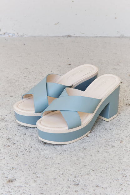 Light blue Weeboo Cherish The Moments contrast platform sandals with chunky sole and ankle straps, designed by Trendsi.