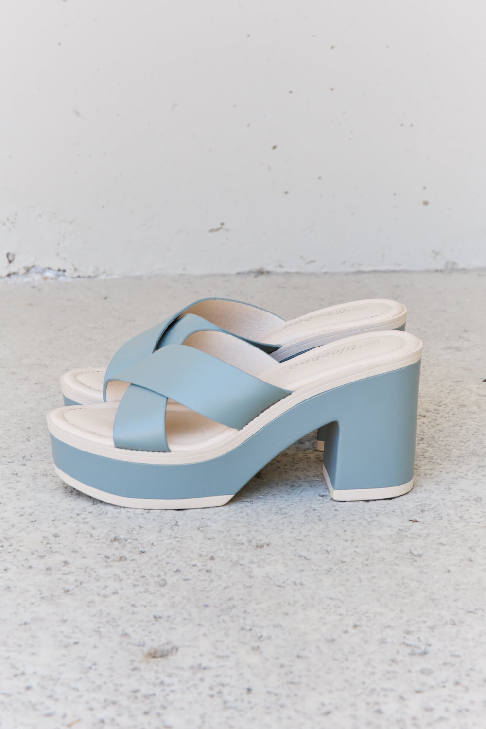 Light blue Weeboo Cherish The Moments contrast platform sandals with chunky soles and ankle straps, stylish and comfortable for summer wear.