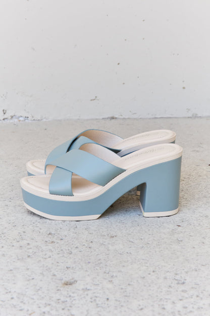 Light blue Weeboo Cherish The Moments contrast platform sandals with chunky soles and ankle straps, stylish and comfortable for summer wear.
