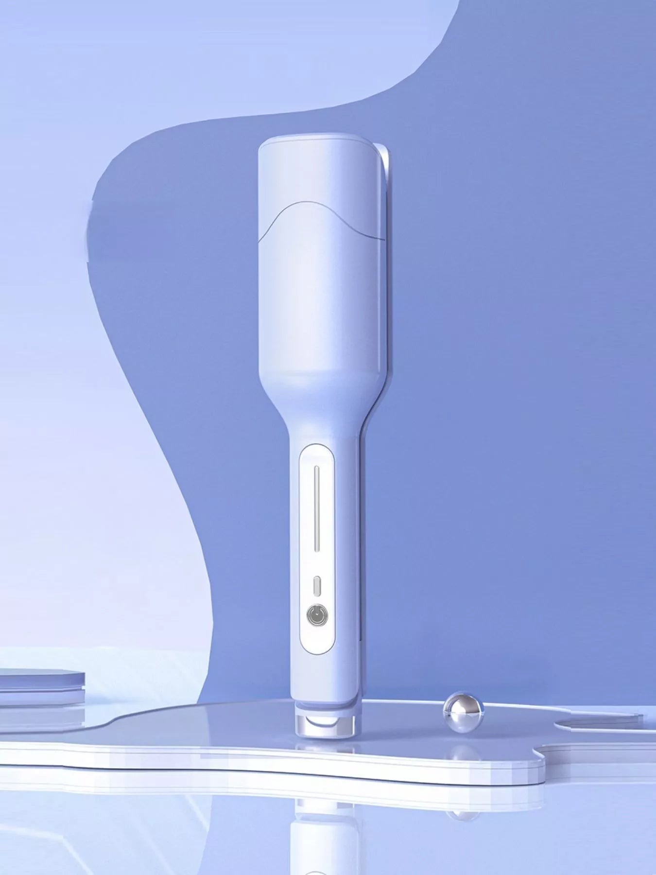 Light blue Trendsi portable cordless curling iron with European plug, showing its compact design and ceramic curling barrel.