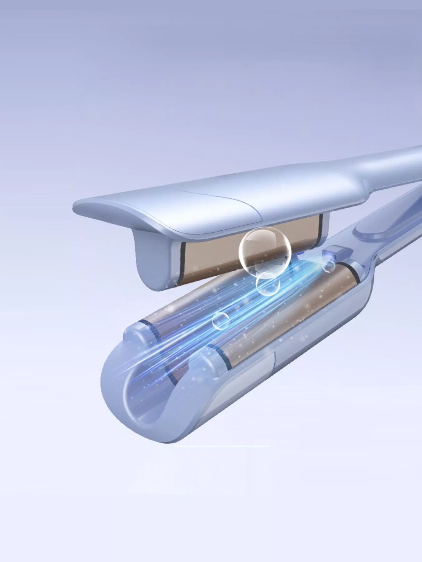 Light blue portable cordless curling iron by Trendsi with European plug, ideal for on-the-go styling and versatile curling results.