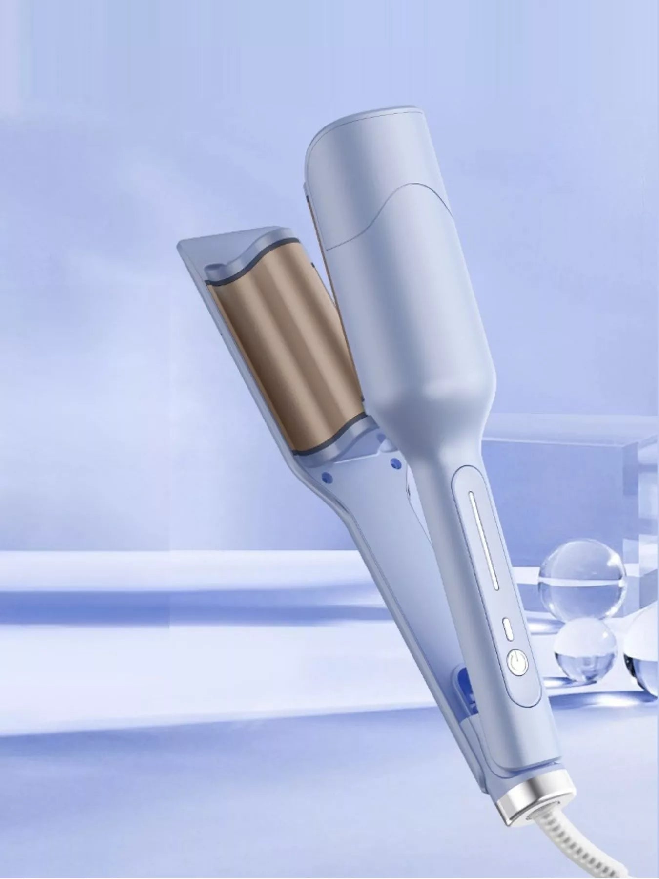 Light blue portable cordless curling iron from Trendsi with European plug, compact design for easy styling on the go.