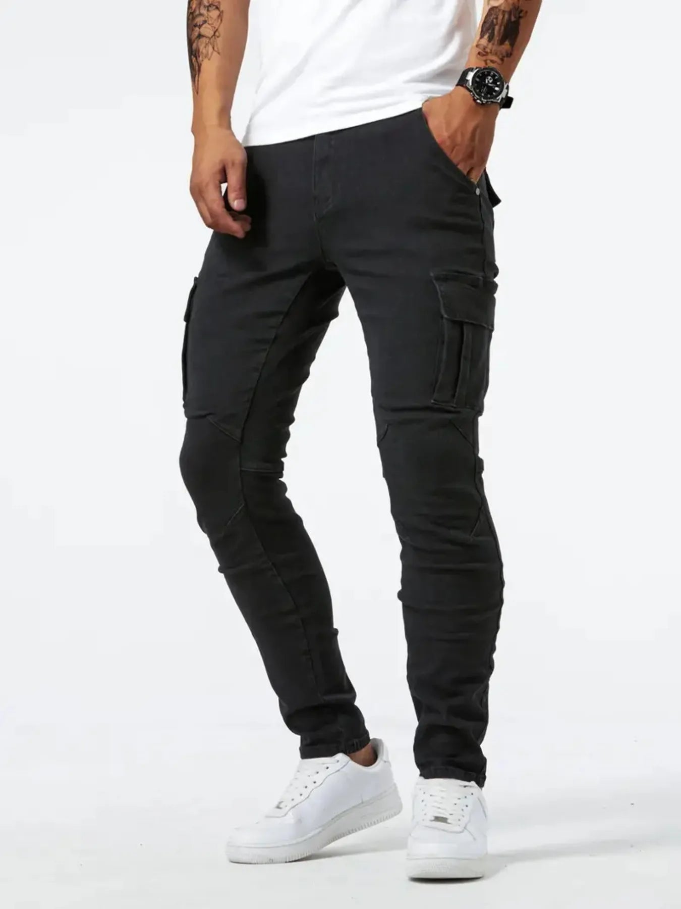 Light blue men's plus size skinny cargo jeans by Trendsi, featuring a slim fit with multiple cargo pockets and casual style.