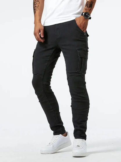 Light blue men's plus size skinny cargo jeans by Trendsi, featuring a slim fit with multiple cargo pockets and casual style.