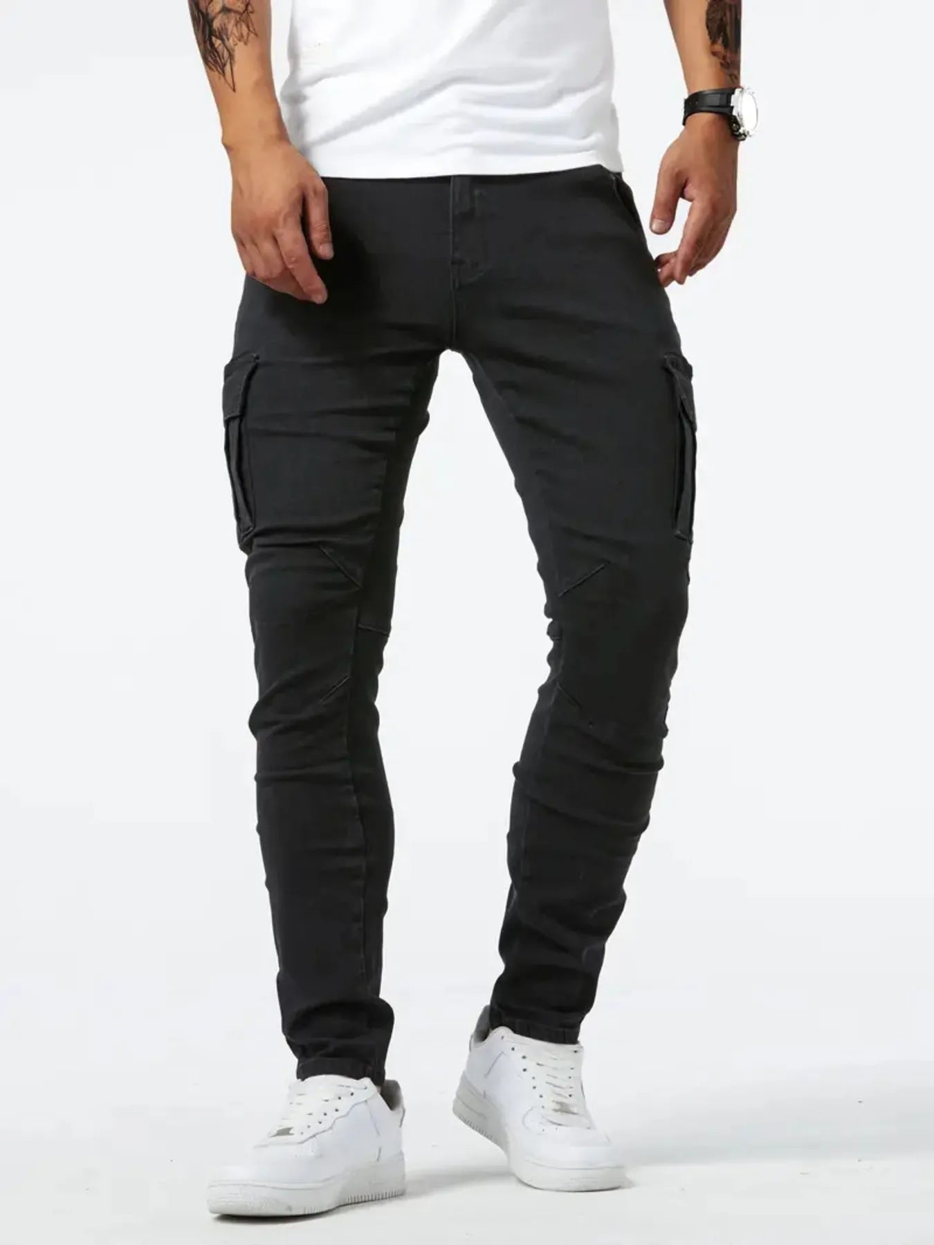 Light blue men's plus size skinny cargo jeans by Trendsi, showing the slim-fit design and multiple cargo pockets.