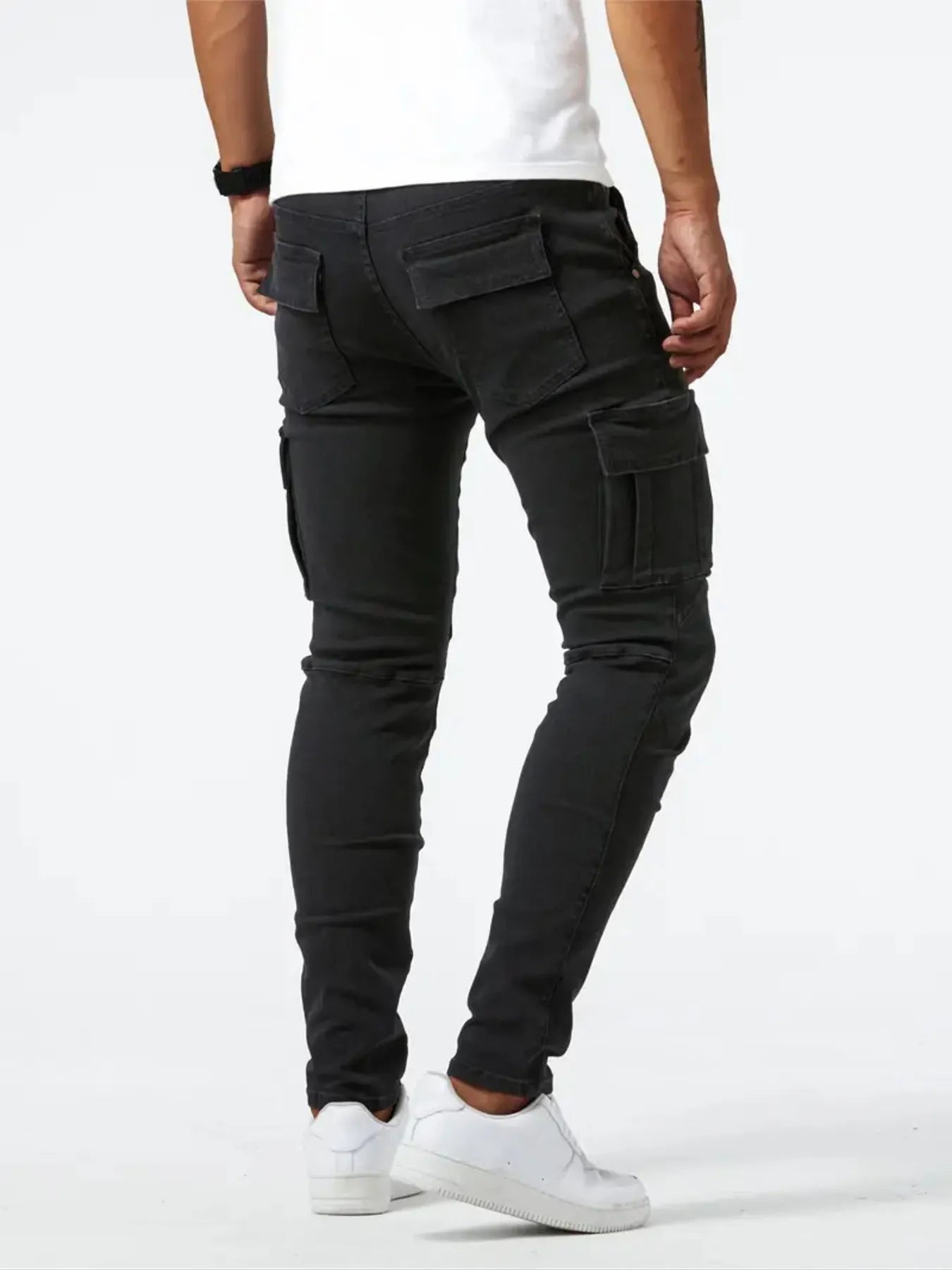 Light blue men's plus size skinny cargo jeans by Trendsi, with multiple pockets and a slim fit style.