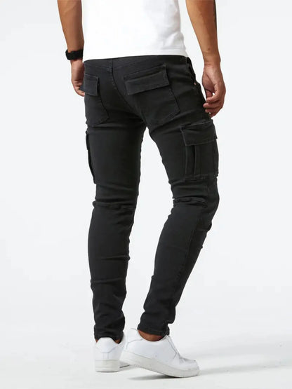 Light blue men's plus size skinny cargo jeans by Trendsi, with multiple pockets and a slim fit style.