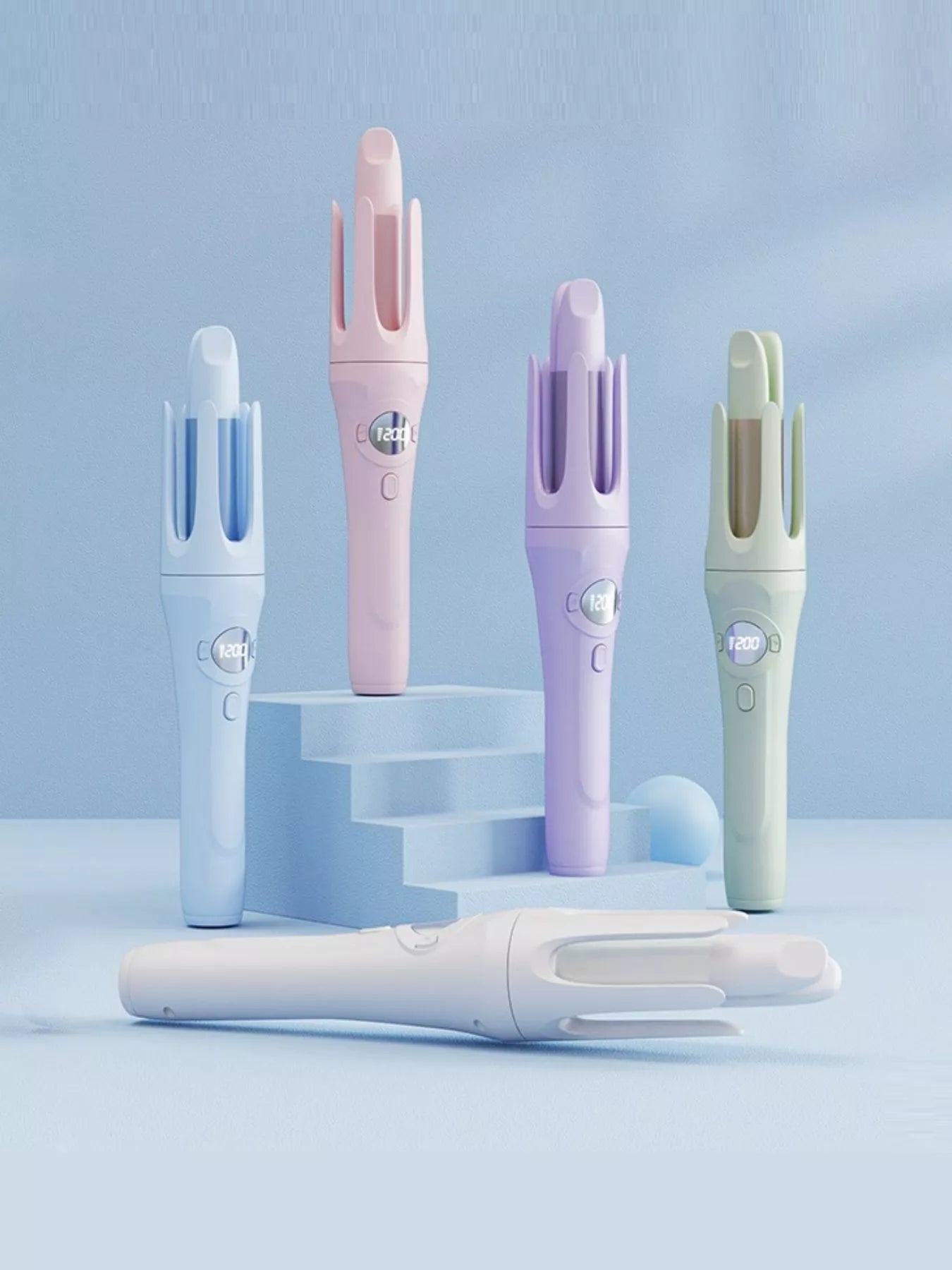 Light blue automatic rotating ceramic curling iron by Trendsi with digital controls and ergonomic handle for easy styling.