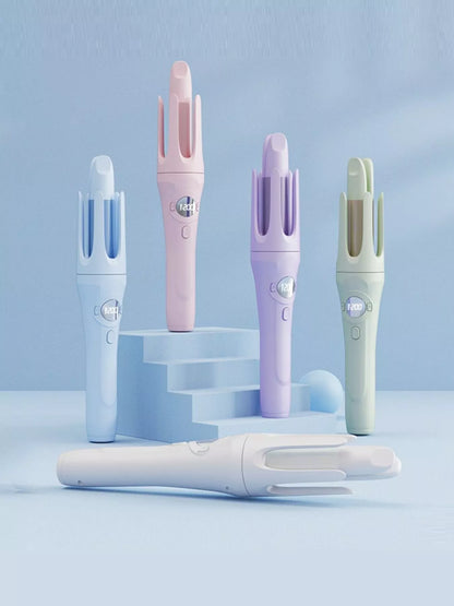 Light blue automatic rotating ceramic curling iron by Trendsi with digital controls and ergonomic handle for easy styling.