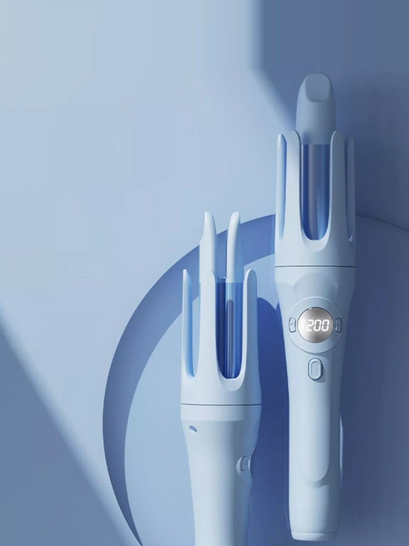 Light blue automatic rotating ceramic curling iron by Trendsi, showing the sleek design and rotating barrel for easy styling.