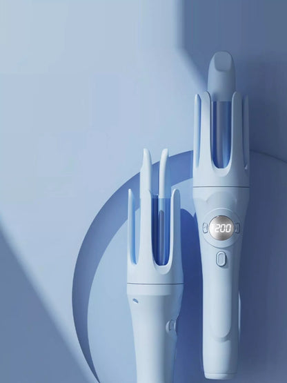 Light blue automatic rotating ceramic curling iron by Trendsi, showing the sleek design and rotating barrel for easy styling.