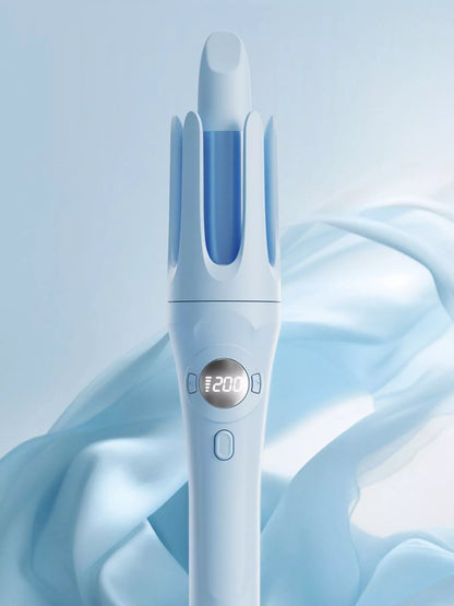 Light blue automatic rotating ceramic curling iron by Trendsi, with a sleek handle and rotating barrel for easy hair styling.