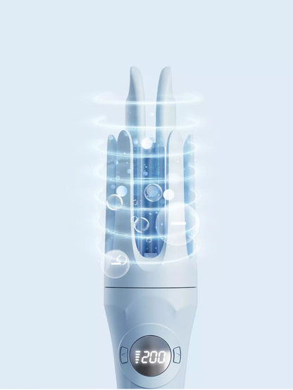 Light blue automatic rotating ceramic curling iron from Trendsi with a sleek design and ergonomic handle for easy styling.