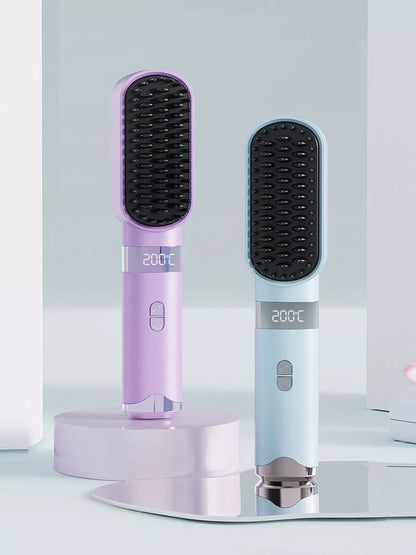 Light blue Trendsi straightening comb with LCD display, fast heating, and one-size design for smooth, sleek hair styling.