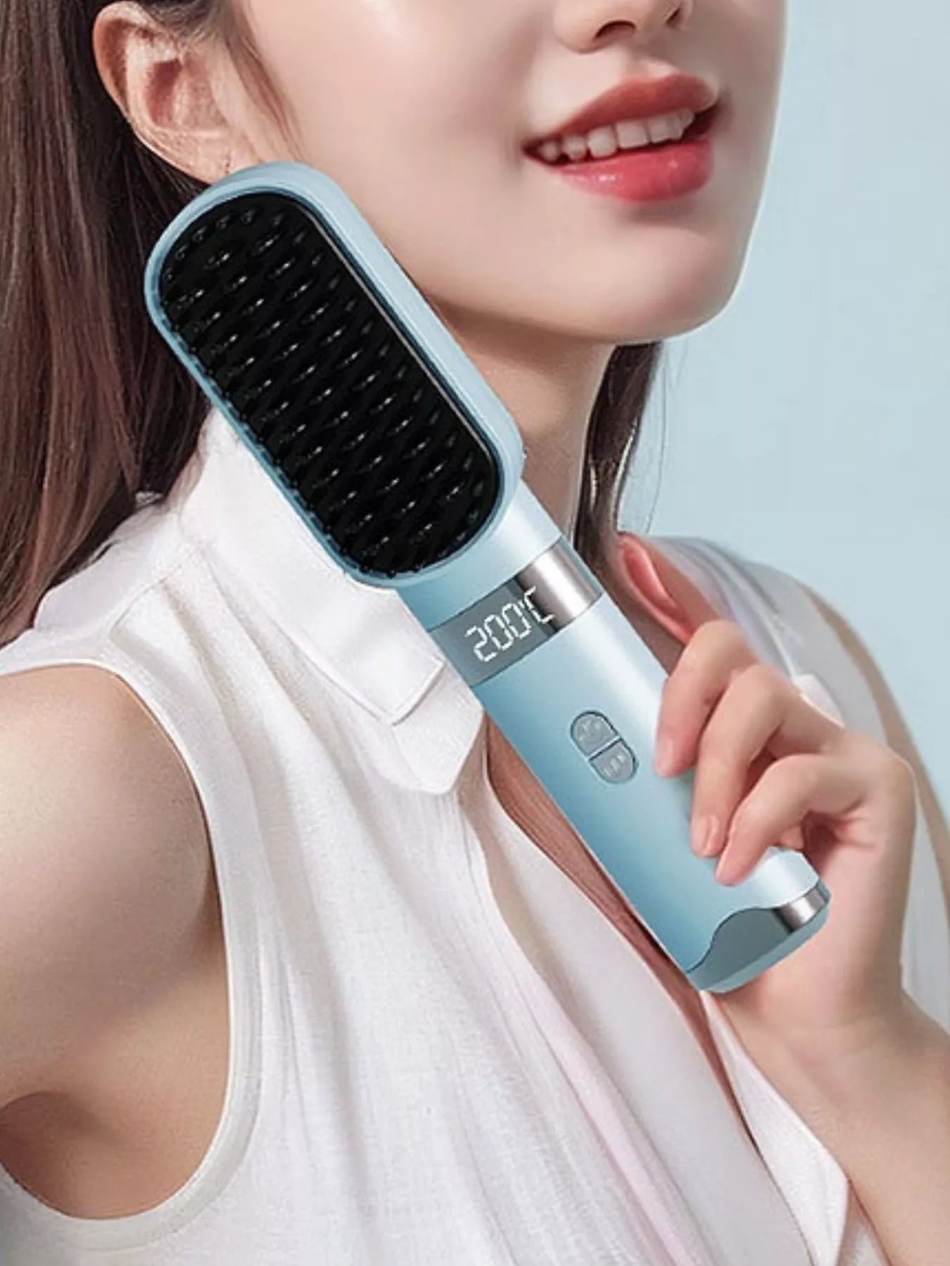 Light blue Trendsi fast heating LCD display straightening comb with ergonomic design for smooth hair styling.
