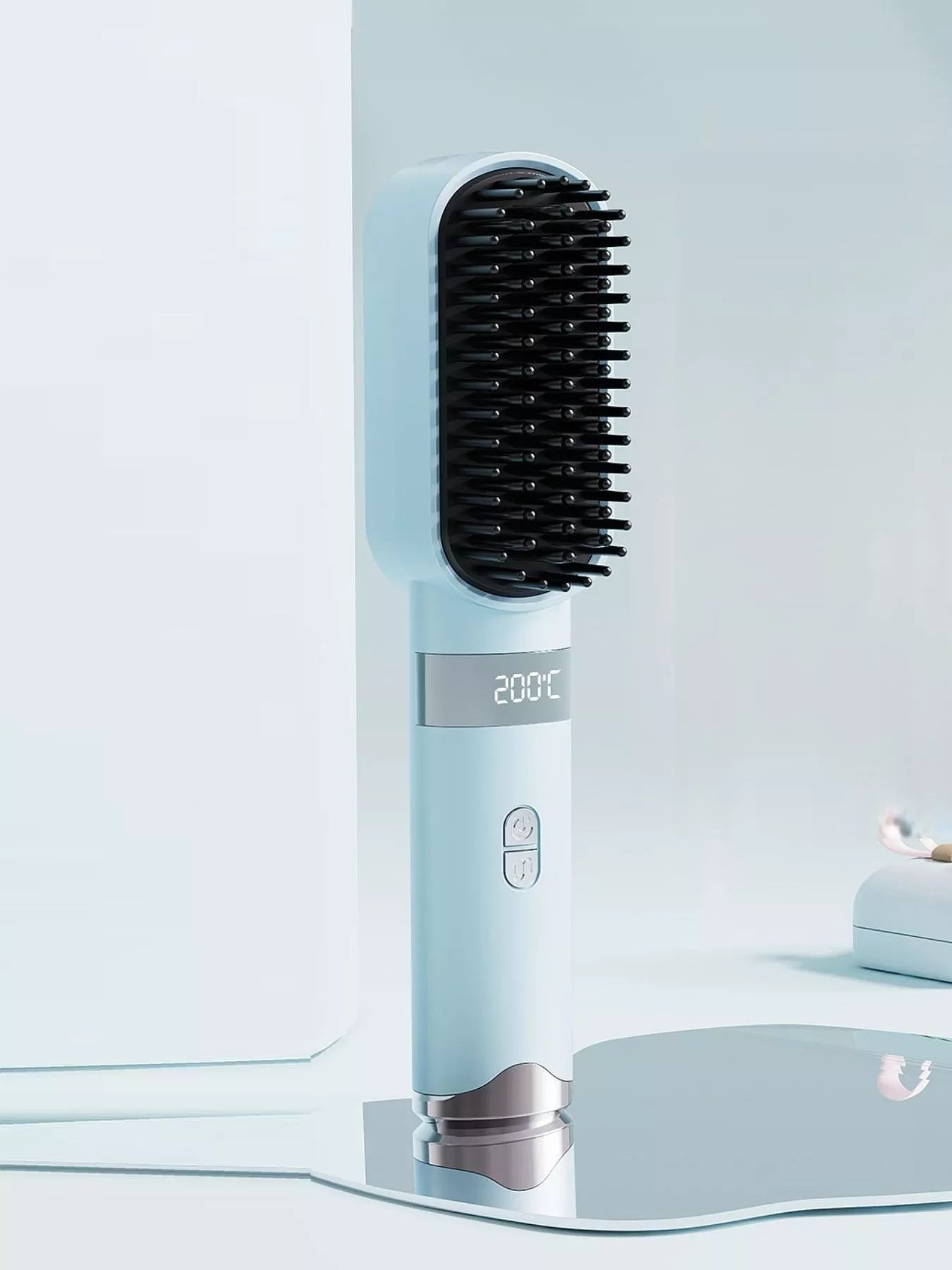 Light blue Trendsi fast heating LCD display straightening comb with sleek design and one-size fit for smooth, straight hair.