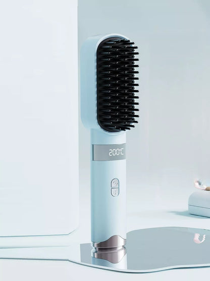 Light blue Trendsi fast heating LCD display straightening comb with sleek design and one-size fit for smooth, straight hair.