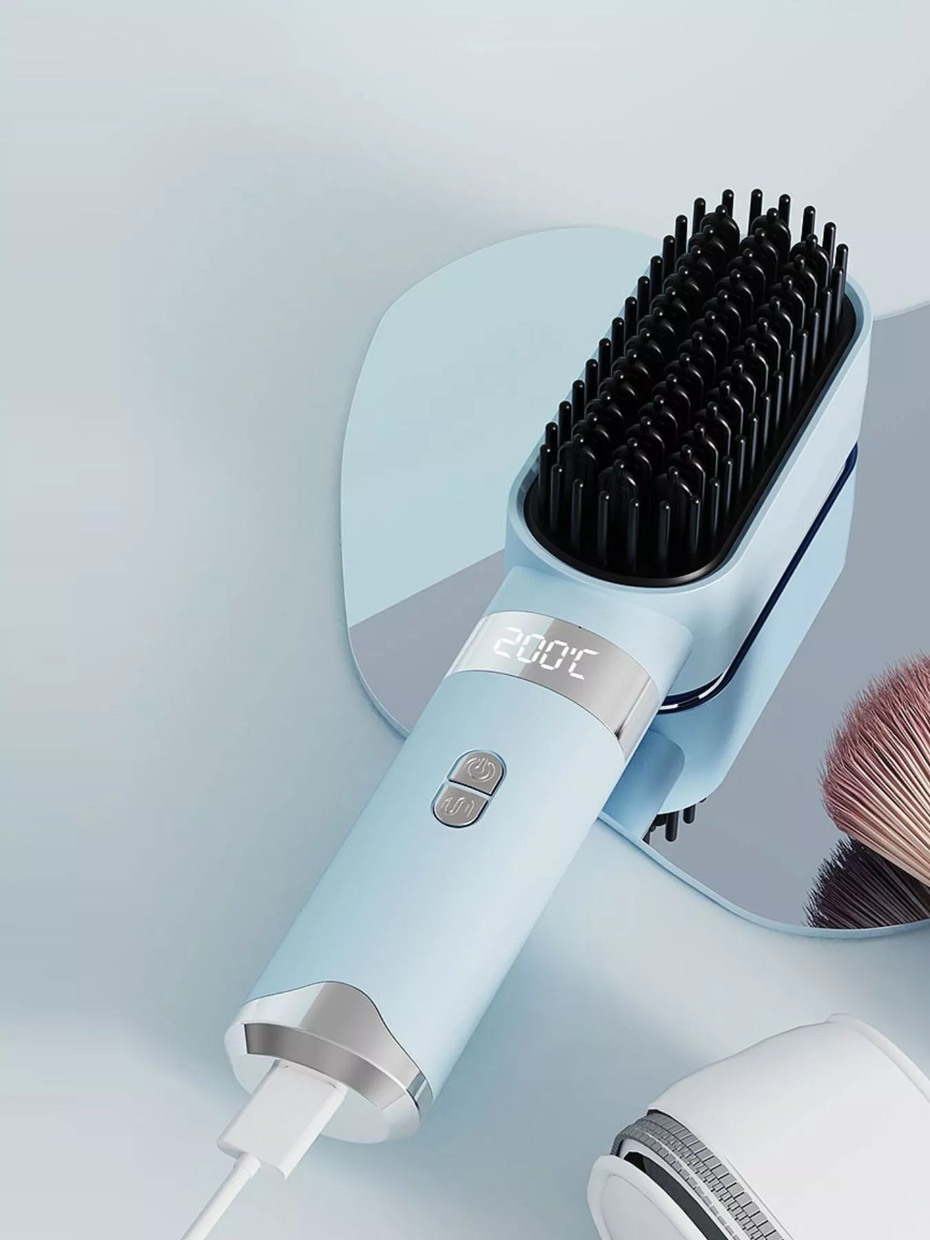 Light blue Trendsi straightening comb with LCD display, fast heating, and one-size design, ideal for smooth, straight hair styling.