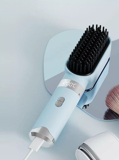 Light blue Trendsi straightening comb with LCD display, fast heating, and one-size design, ideal for smooth, straight hair styling.