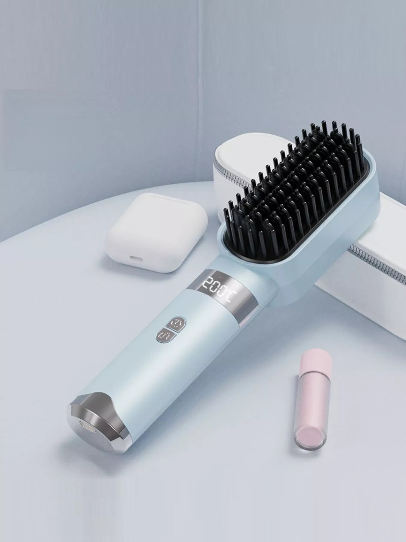 Light blue Trendsi straightening comb with LCD display, fast heating, and one-size design for sleek, straight hair.