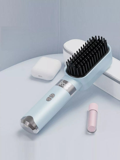 Light blue Trendsi straightening comb with LCD display, fast heating, and one-size design for sleek, straight hair.