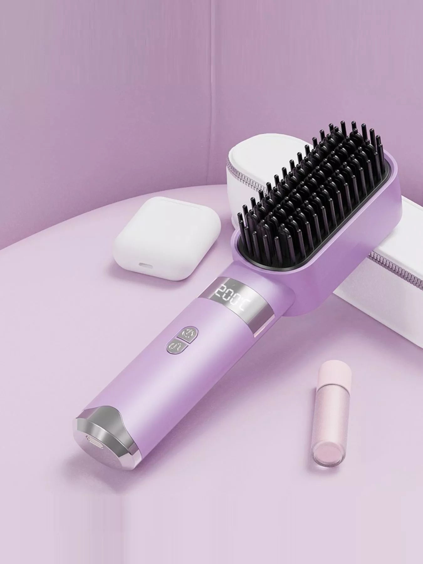Light blue Trendsi straightening comb with LCD display, fast heating, and one-size design for sleek, straight hair styling.
