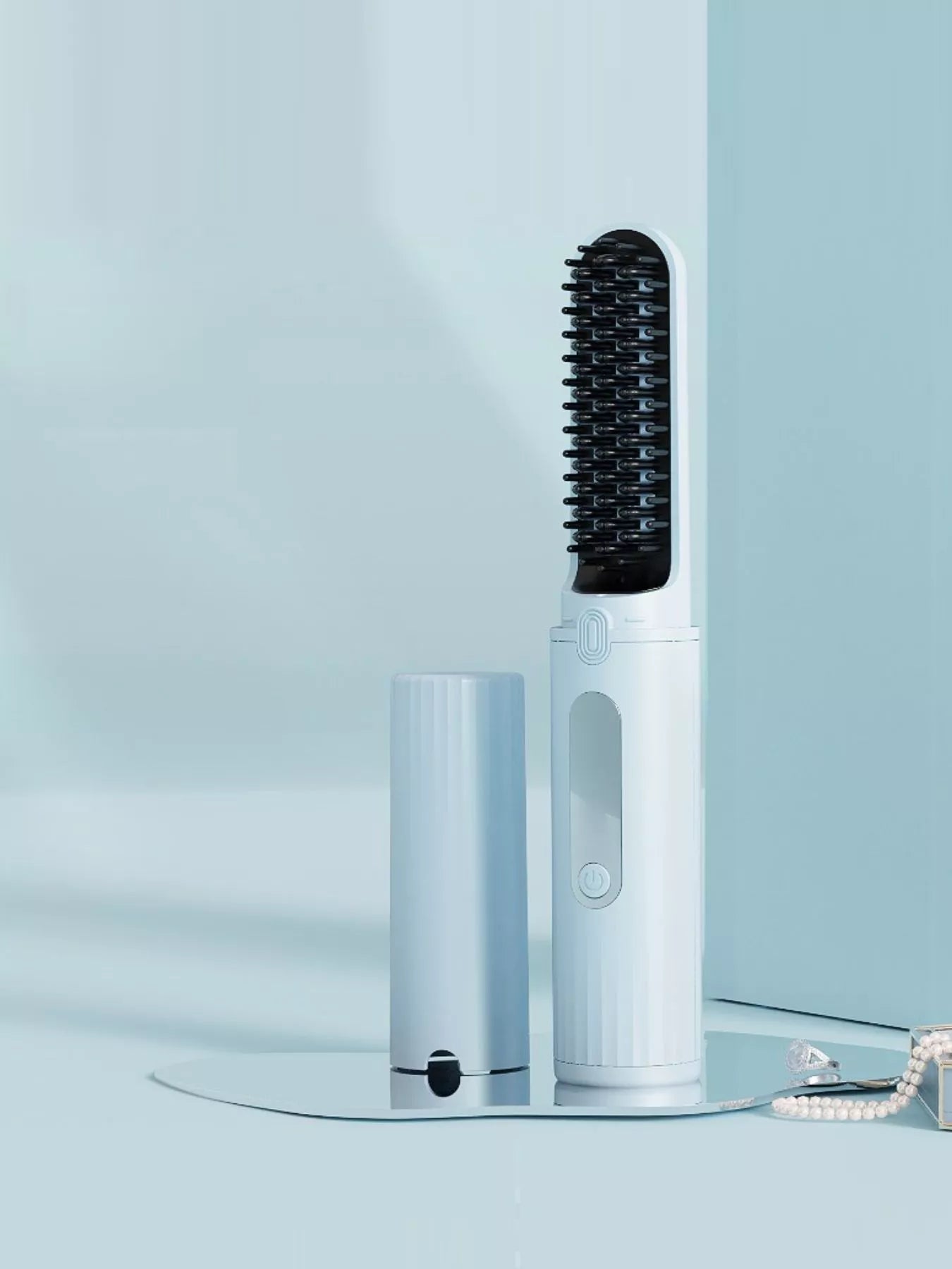 Light blue portable heated straightening comb by Trendsi, compact design with evenly spaced teeth for easy styling.