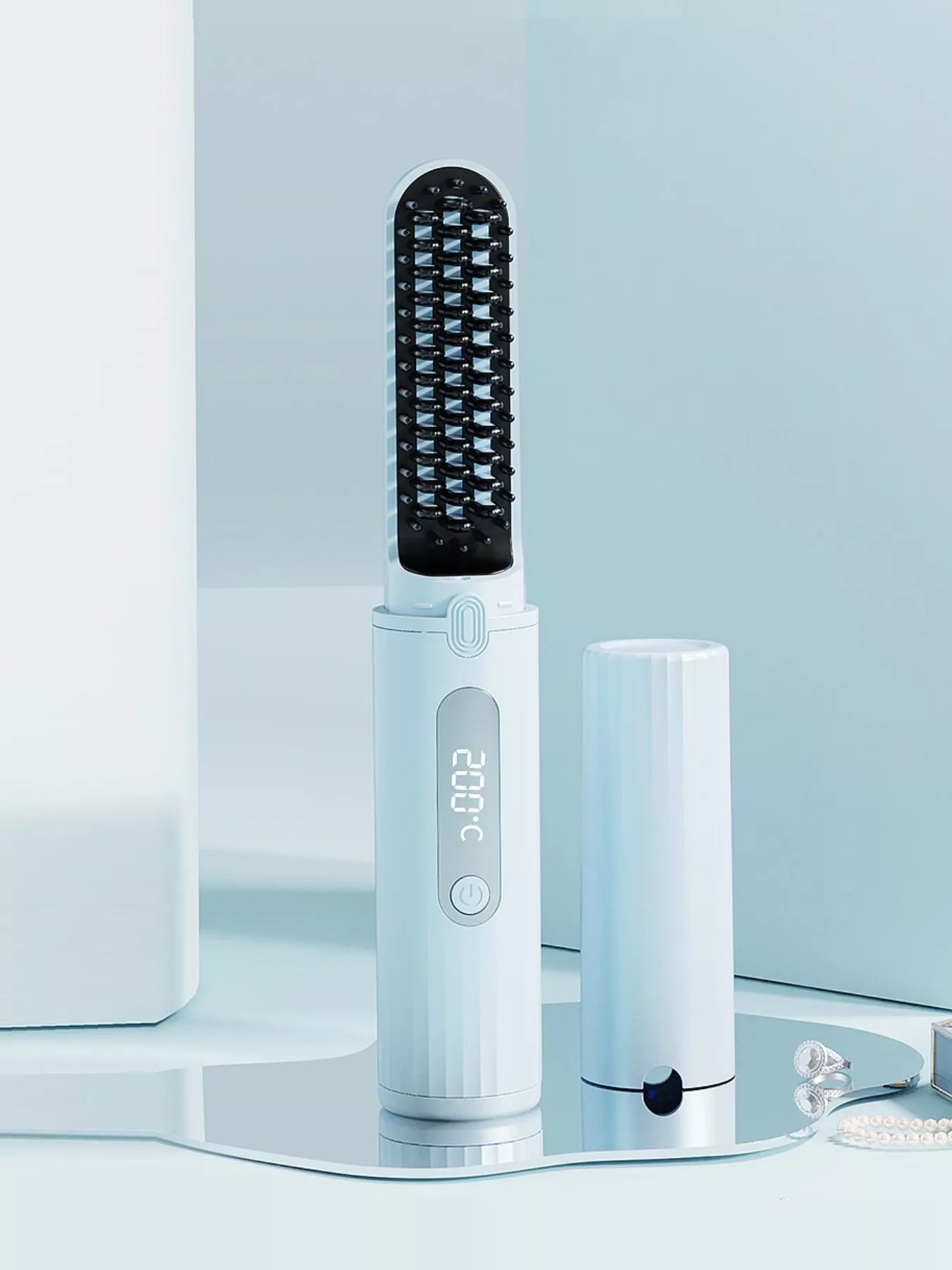 Light blue portable heated straightening comb by Trendsi, compact design with evenly spaced teeth for smooth, straight hair.