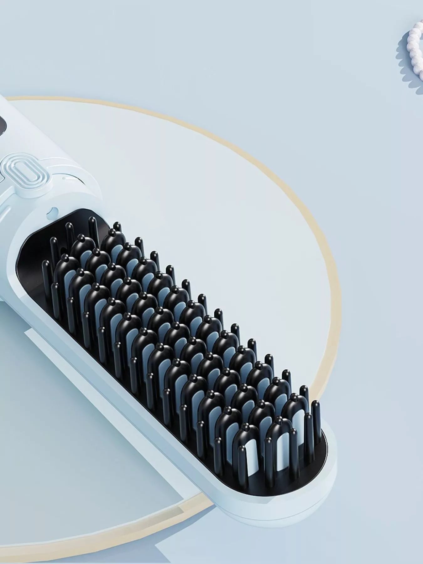 Light blue portable heated straightening comb by Trendsi, compact design with heated ceramic teeth for hair styling.