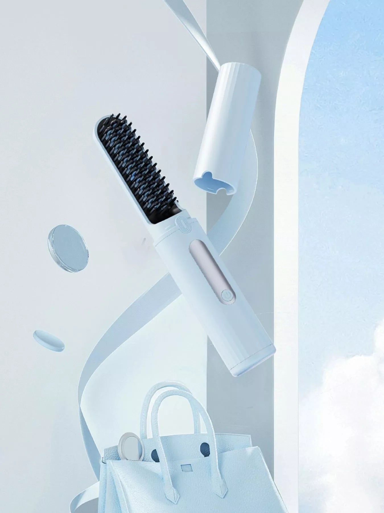 Light blue portable heated straightening comb by Trendsi, compact design for easy styling and hair straightening.
