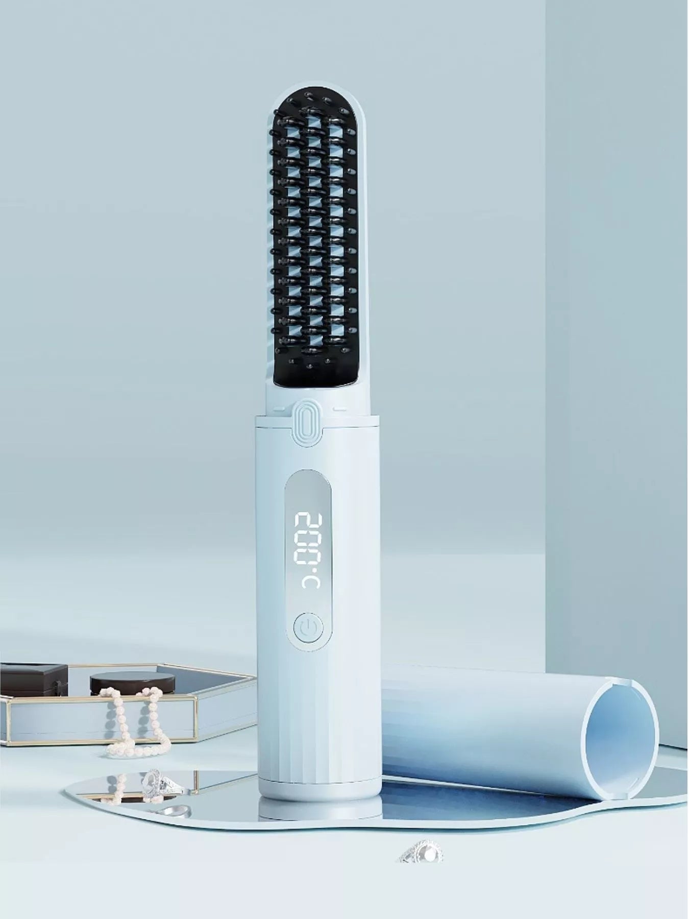 Light blue portable heated straightening comb by Trendsi, compact design for easy hair styling and straightening.