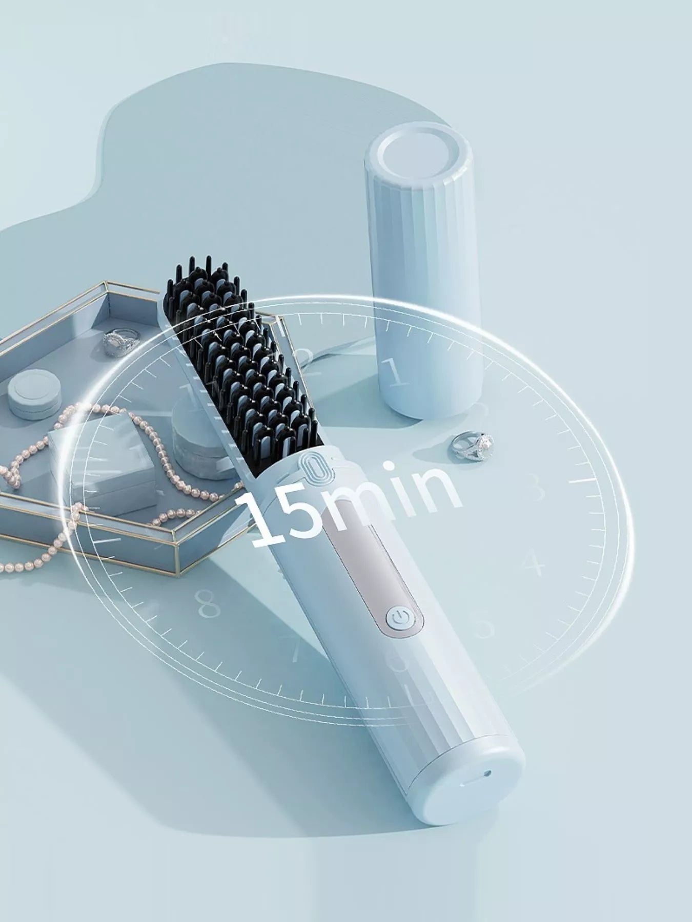 Light blue portable heated straightening comb by Trendsi, compact design with heated teeth for quick hair styling.