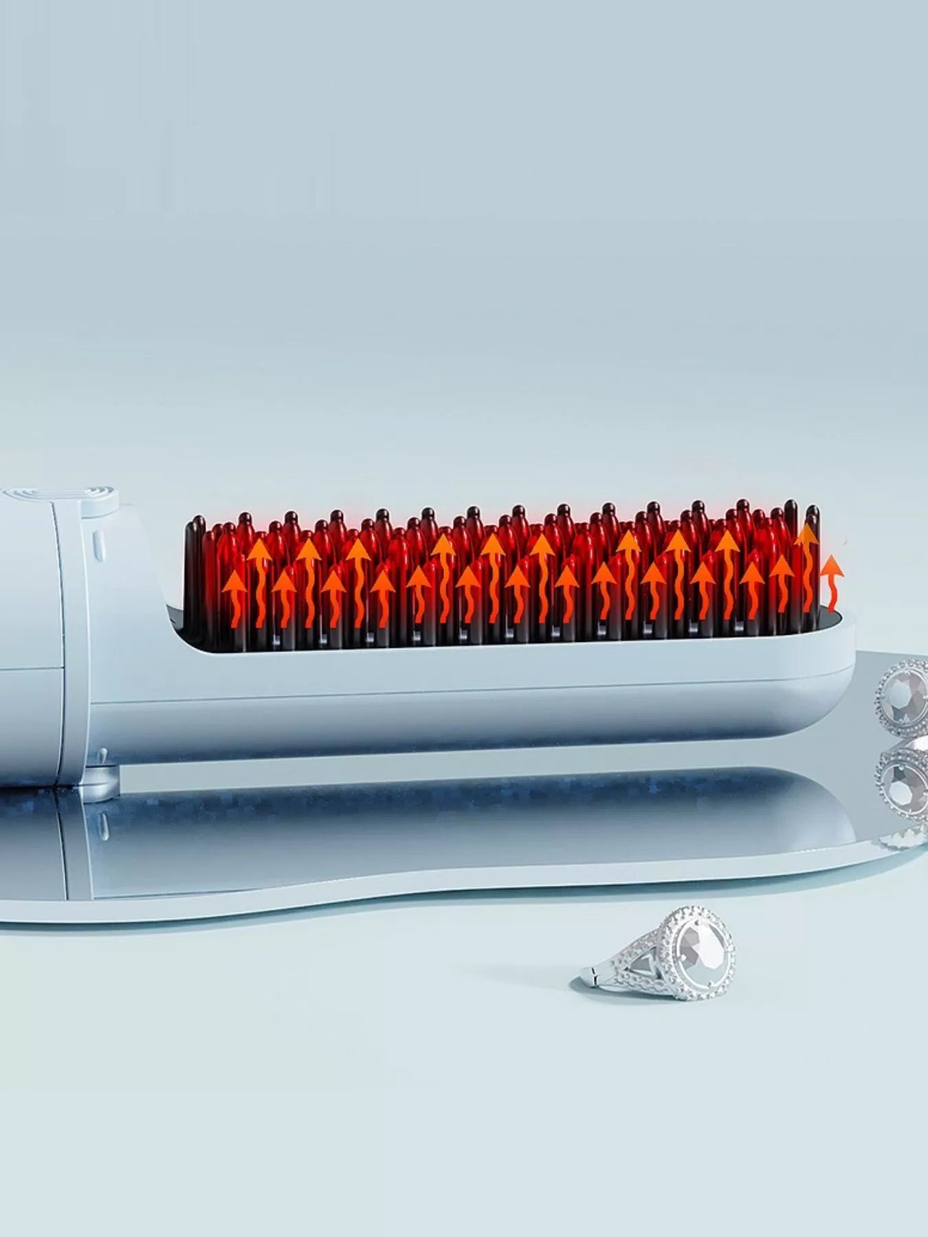 Light blue portable heated straightening comb by Trendsi with ergonomic handle and heating plates for quick hair styling.