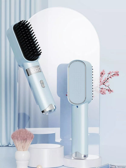Light blue 2-in-1 portable wireless ionic brush straightener comb by Trendsi, showing the compact design and bristle details.