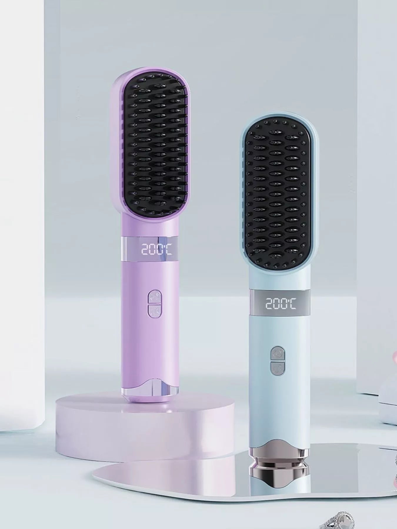 Light blue 2-in-1 portable wireless ionic brush straightener comb by Trendsi, featuring a sleek design for easy styling on the go.