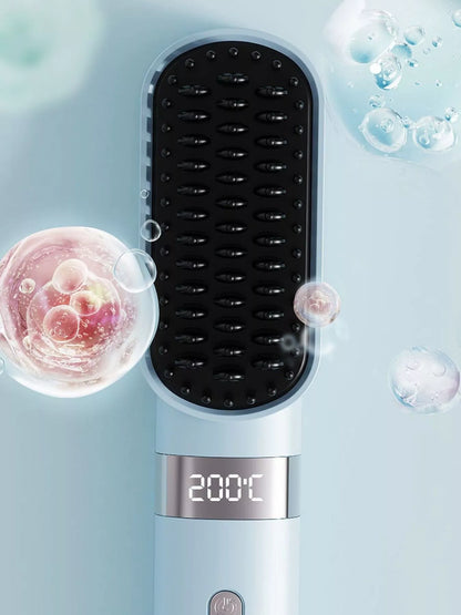 Light blue 2-in-1 portable wireless ionic brush straightener and comb by Trendsi, designed for easy hair styling on the go.