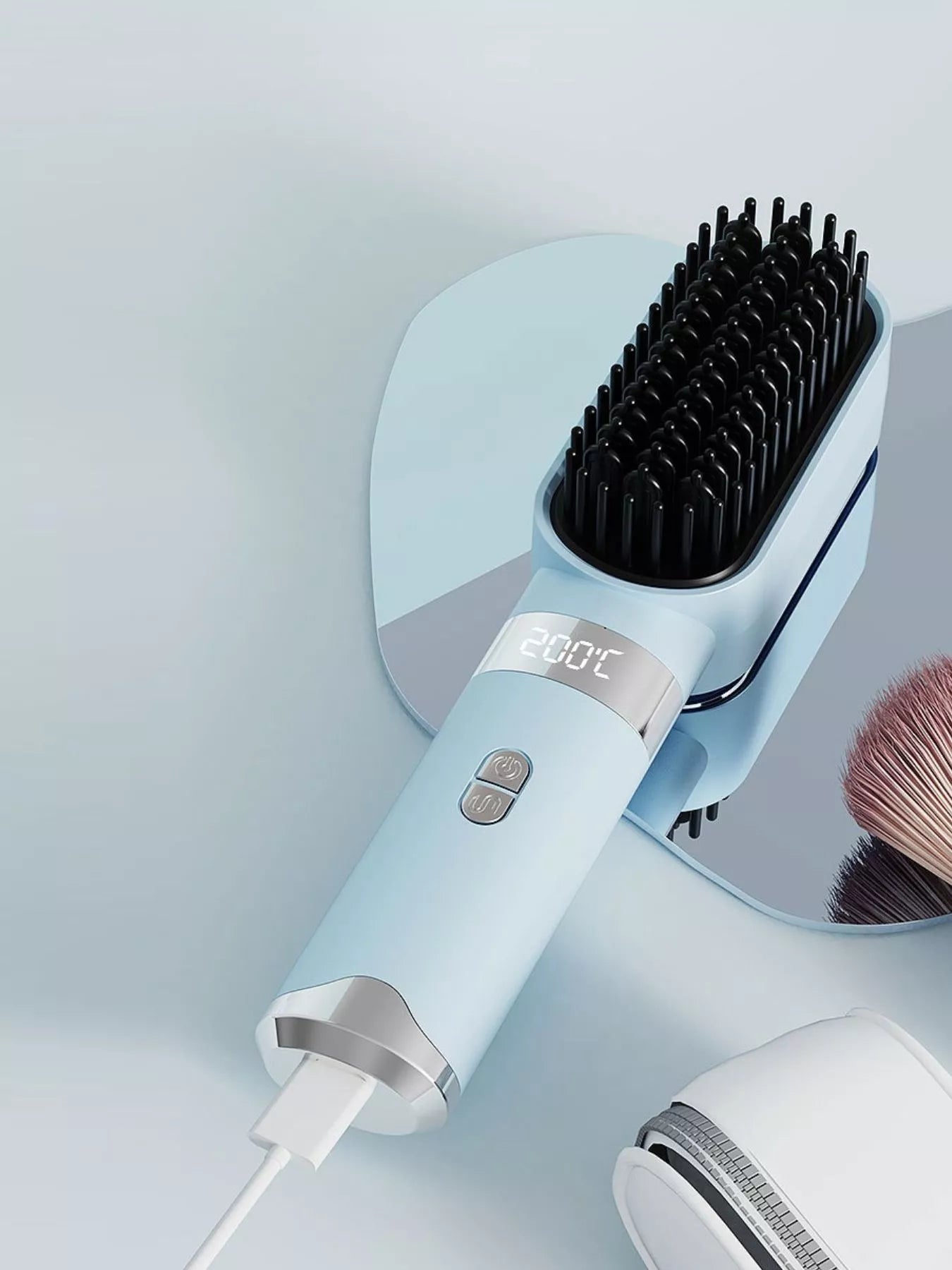 Light blue Trendsi 2-in-1 portable wireless ionic brush straightener comb with a sleek design and ceramic bristles.