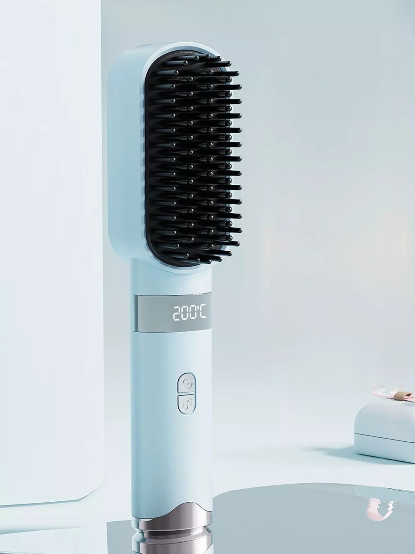 Light blue 2-in-1 portable wireless ionic brush straightener and comb by Trendsi, showing the compact styling tool with bristles.